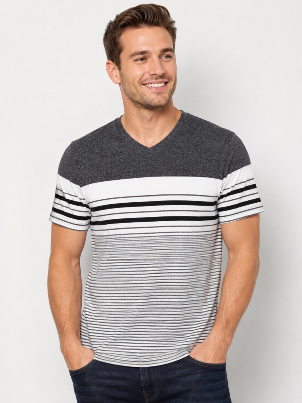 Alfani Men's Large T-Shirt - Gray White Striped Crew-Neck Short-Sleeve -Slim Fit